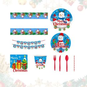 Christmas 10-piece set   Set Party Supplies Snowman Disposable Tableware Paper Plates and Napkins Banners Plastic tablecloths Cutlery Serves 60 f (Color: Blue)