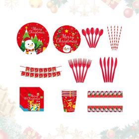 Christmas 10-piece set   Set Party Supplies Snowman Disposable Tableware Paper Plates and Napkins Banners Plastic tablecloths Cutlery Serves 60 f (Color: Red)